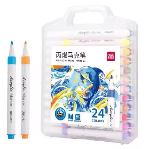 Deli HM108-24 Acrylic Marker Set 24 Colors Pack | Premium Paint Markers for Canvas, Wood, Glass, Rock & DIY Art