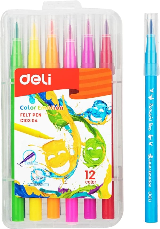 Deli Soft Drawing Emotion Colour Felt Pen 12-Pieces Multicolor | Smooth Coloring Pens for Kids & Students