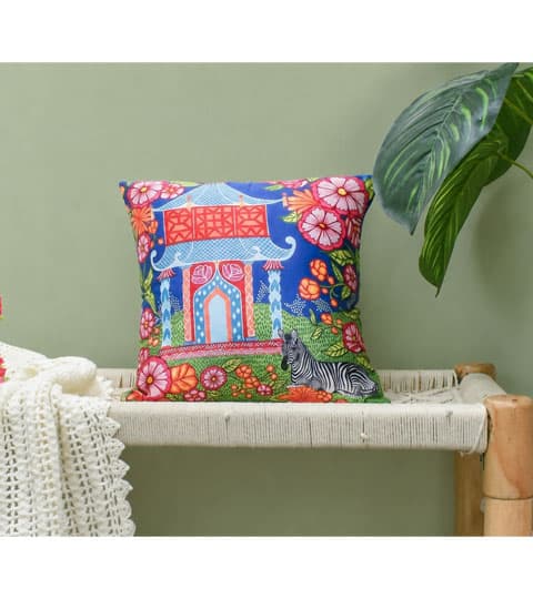 Satin 1 Pc Cushion Cover – HD Oriental Garden Scenic Pattern Decorative Pillow Cover for Sofa, Bed & Living Room