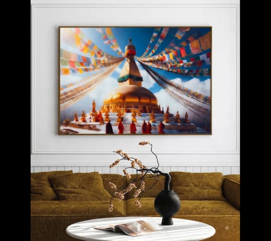 Framed Golden Buddhist Stupa Spiritual Wall Art Print