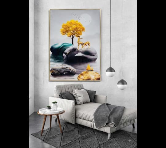 Framed Modern Abstract Landscape Art Print with Golden Deer & Yellow Tree
