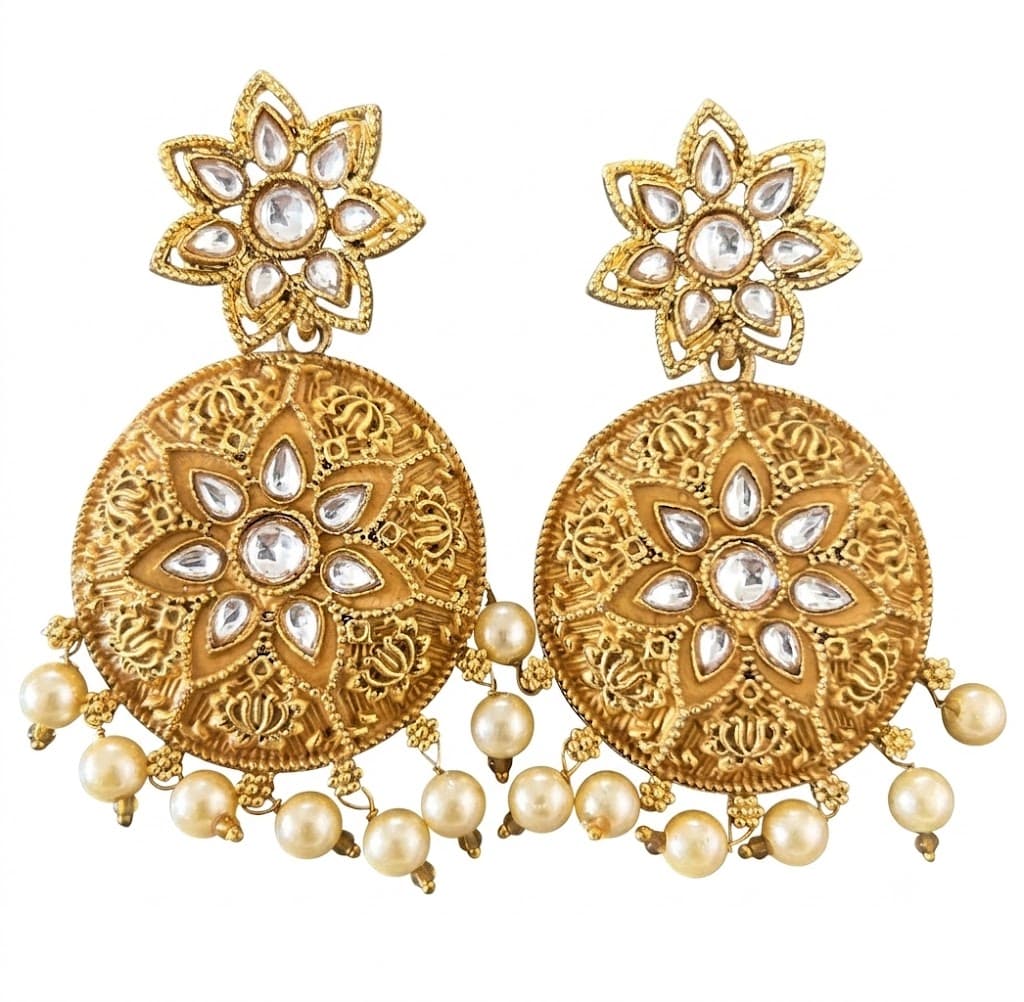Antique Gold Kundan & Pearl Circular Drop Earrings for Women