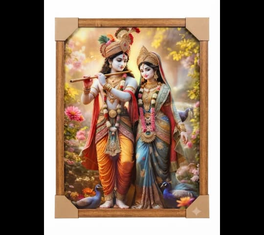 Radha Krishna Framed Painting in Flower Garden – Traditional Hindu Wall Art