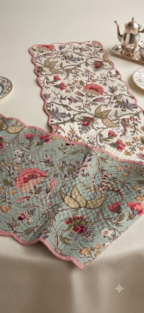Vintage Botanical Quilted Scalloped Edge Table Runner in Sage Green and Ivory
