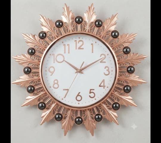 Ornate Rose Gold Sunburst Wall Clock with Beaded Accents and Leaf Motifs – Luxury Metal Decorative Wall Clock for Living Room