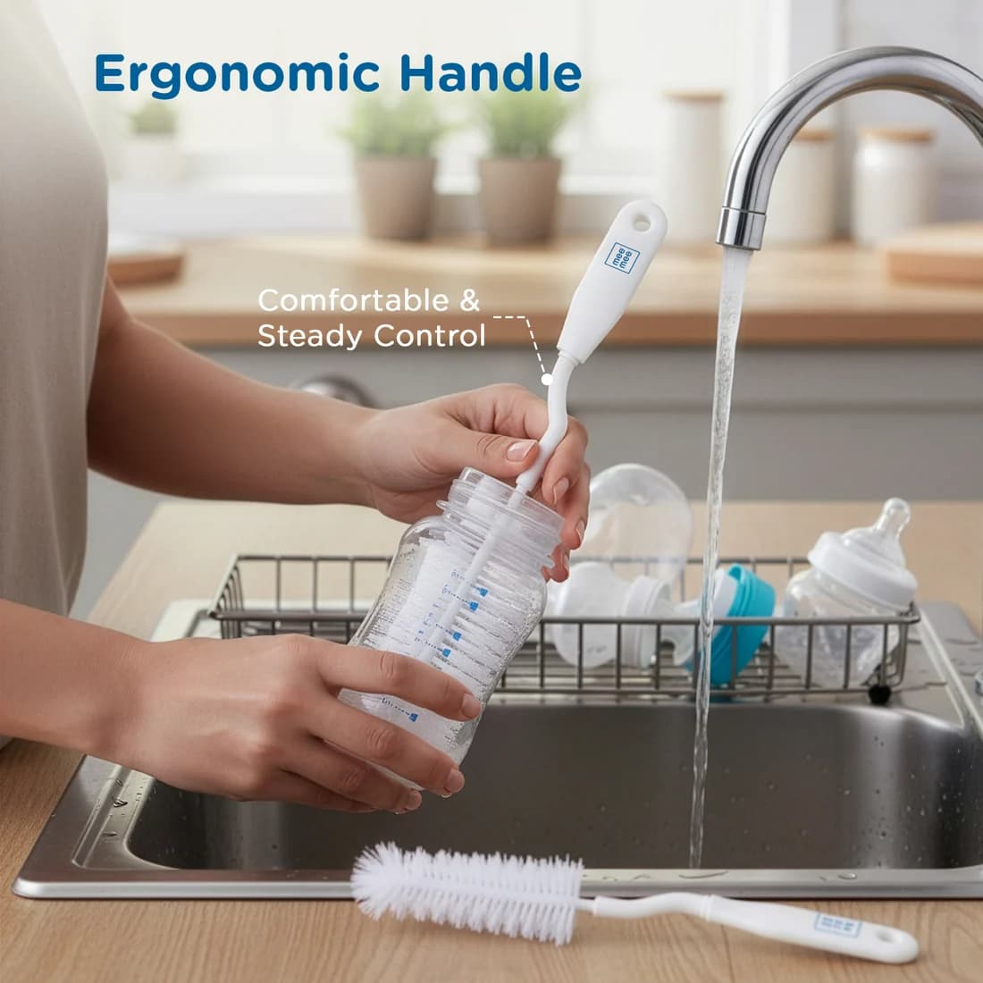 Mee Mee Mee Mee Nylon Bottle Brush with Nipple Cleaner – 360° Rotating Handle, Soft Bristles, BPA-Free daily essentials &… — thumbnail 2 of 9