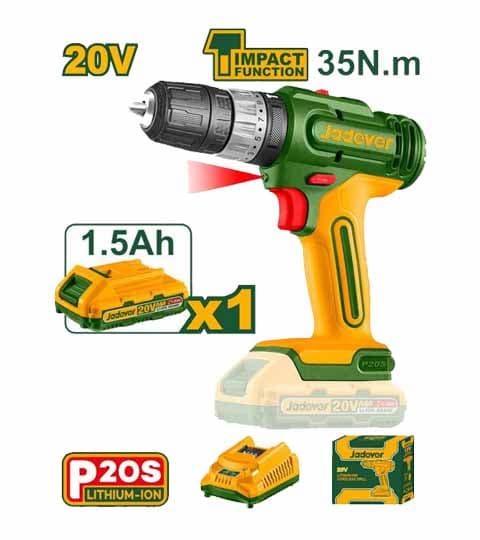 Jadever JDCDP521 Cordless Impact Drill 20V 35Nm Powerful Electric Drill Machine for Home & Professional Use