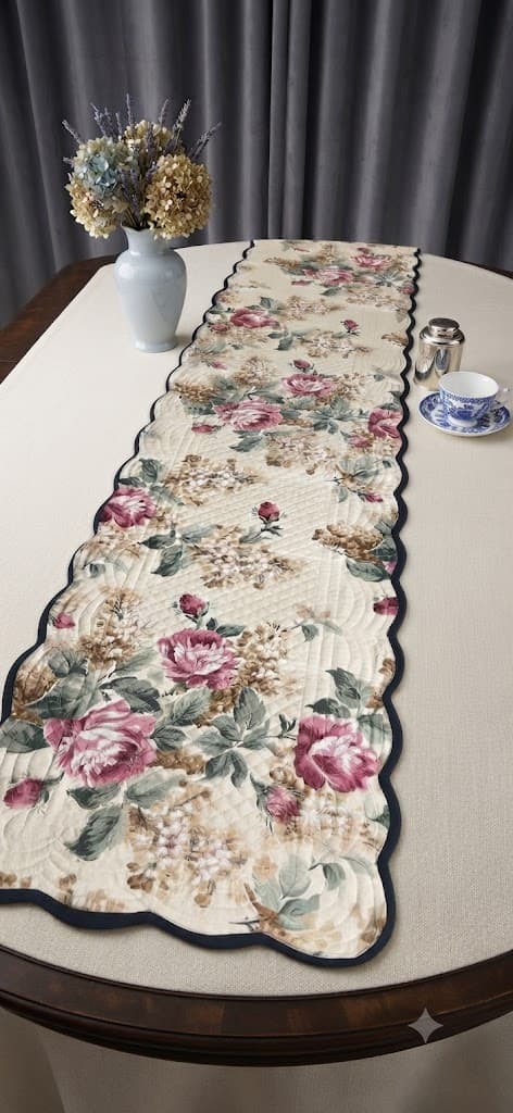 Vintage Floral Quilted Scalloped Edge Table Runner with Pink Roses and Navy Trim