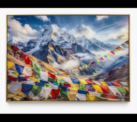 Himalayan Mountain Vista with Prayer Flags Framed Art Print