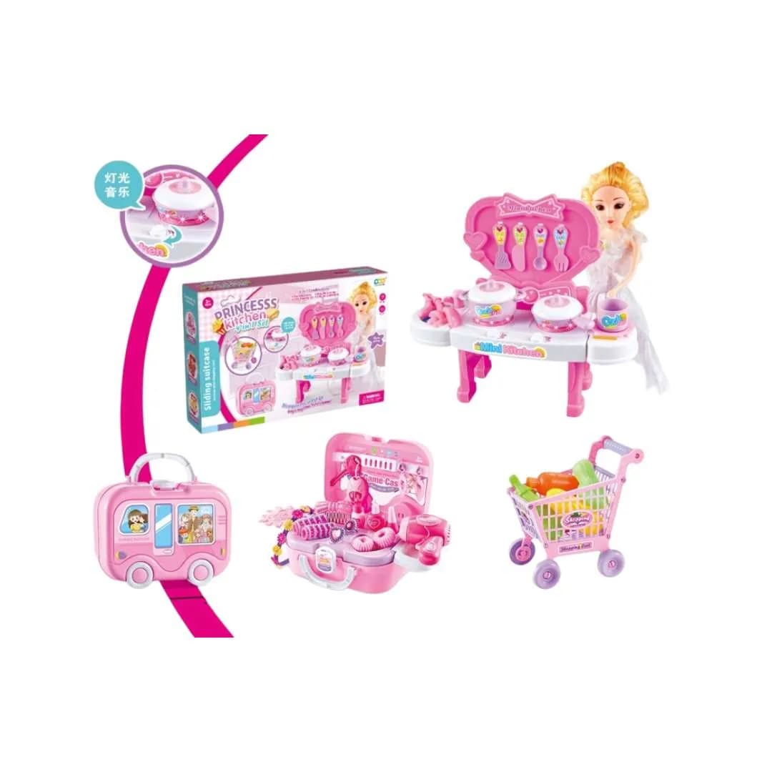 Princess 4-in-1 Rolling Suitcase Toy Set – Convertible Kitchen, Beauty Vanity & Shopping Cart with Lights & Music