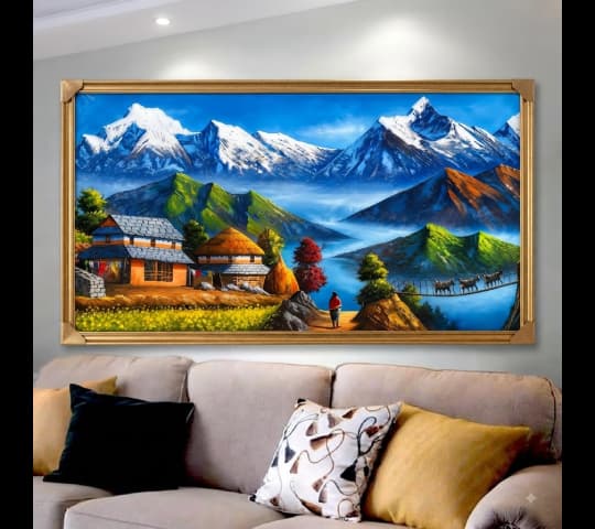 Vibrant Himalayan Village Landscape Painting – Traditional Nepalese Houses