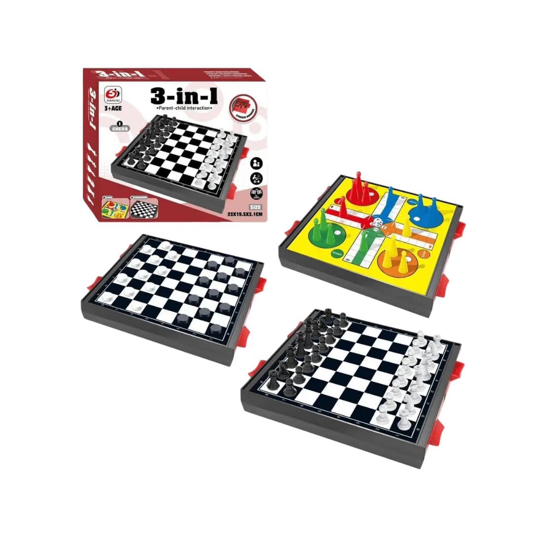 3-in-1 Classic Board Game Set (Chess, Checkers & Ludo) with Built-in Storage Box
