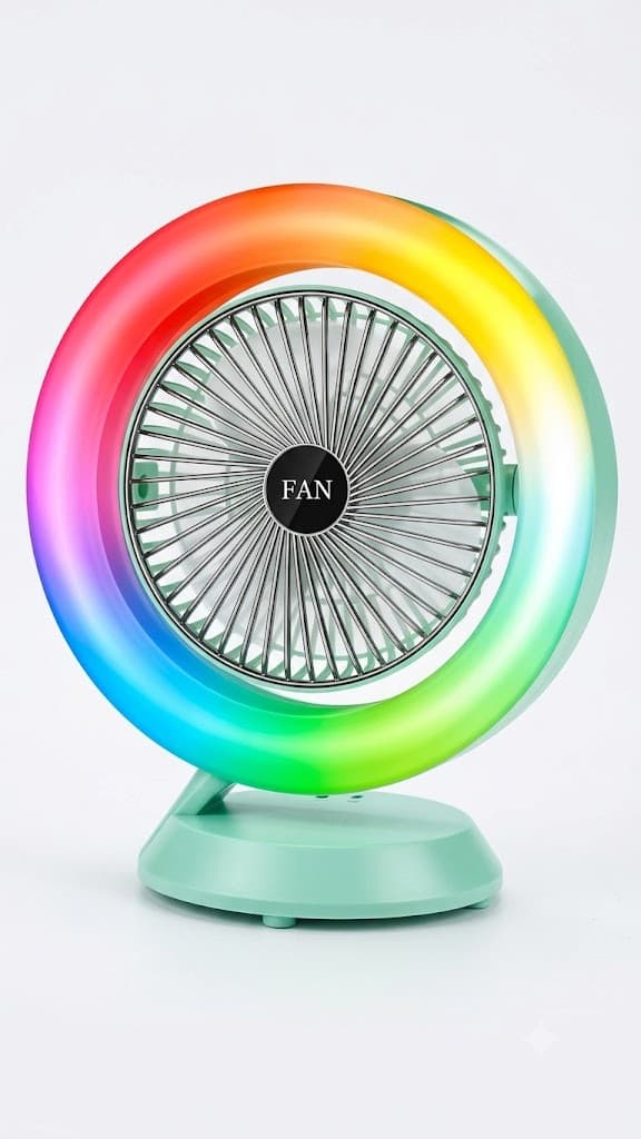 Mini Desk Fan with LED Ring Light | Portable USB Rechargeable Cooling Fan