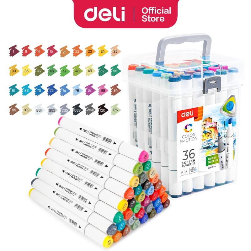 Deli E70803-36 Sketch Marker Set - 36 Vibrant Colors | Dual Tip Art Markers for Drawing, Sketching & Coloring