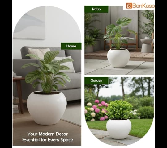 Modern Round White Plastic Flower Pot | Decorative Indoor & Outdoor Planter