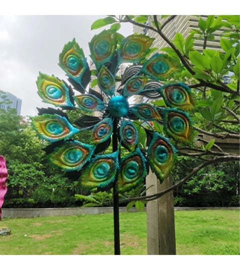 Senwell Peacock Feather Wind Spinner with Solar Light – Outdoor Garden Decoration, Metal Yard Art Stake, W-G192185