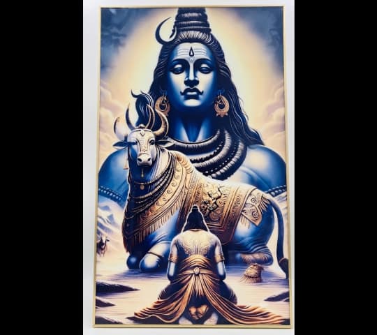 Framed Lord Shiva Nandi Devotional Painting – Hindu Religious Wall Art