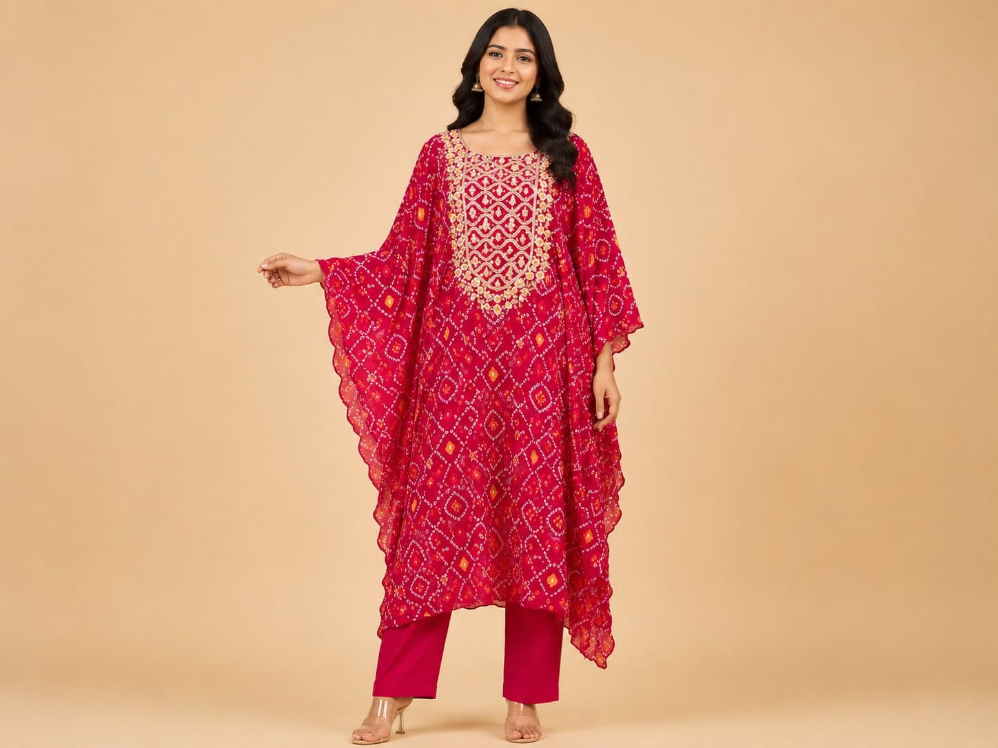 Women's Maroon Embroidered Kaftan Style Kurtha Set | Festive Ethnic Wear