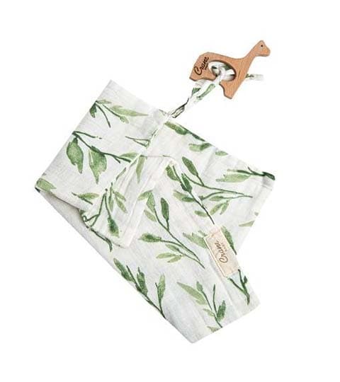 Crane Baby BC-100TH Giraffe Wooden Teether & Muslin Leaf Print Security Blanket for Babies