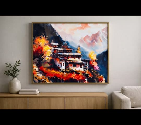 Framed Watercolor Landscape Painting – Mountain Monastery & Autumn Scenery