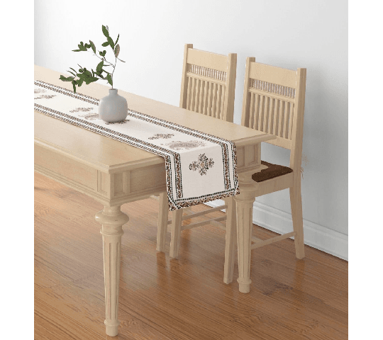 Elegant 7-Piece Table Runner & Mat Set in Brown & White (Polycanvas, Machine Washable