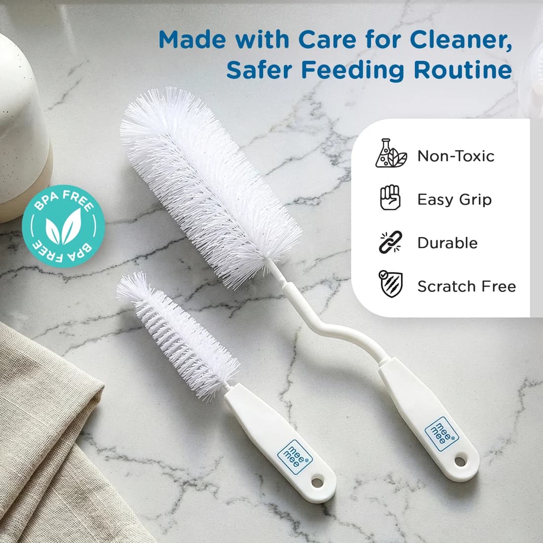 Mee Mee Nylon Bottle Brush with Nipple Cleaner – 360° Rotating Handle, Soft Bristles, BPA-Free