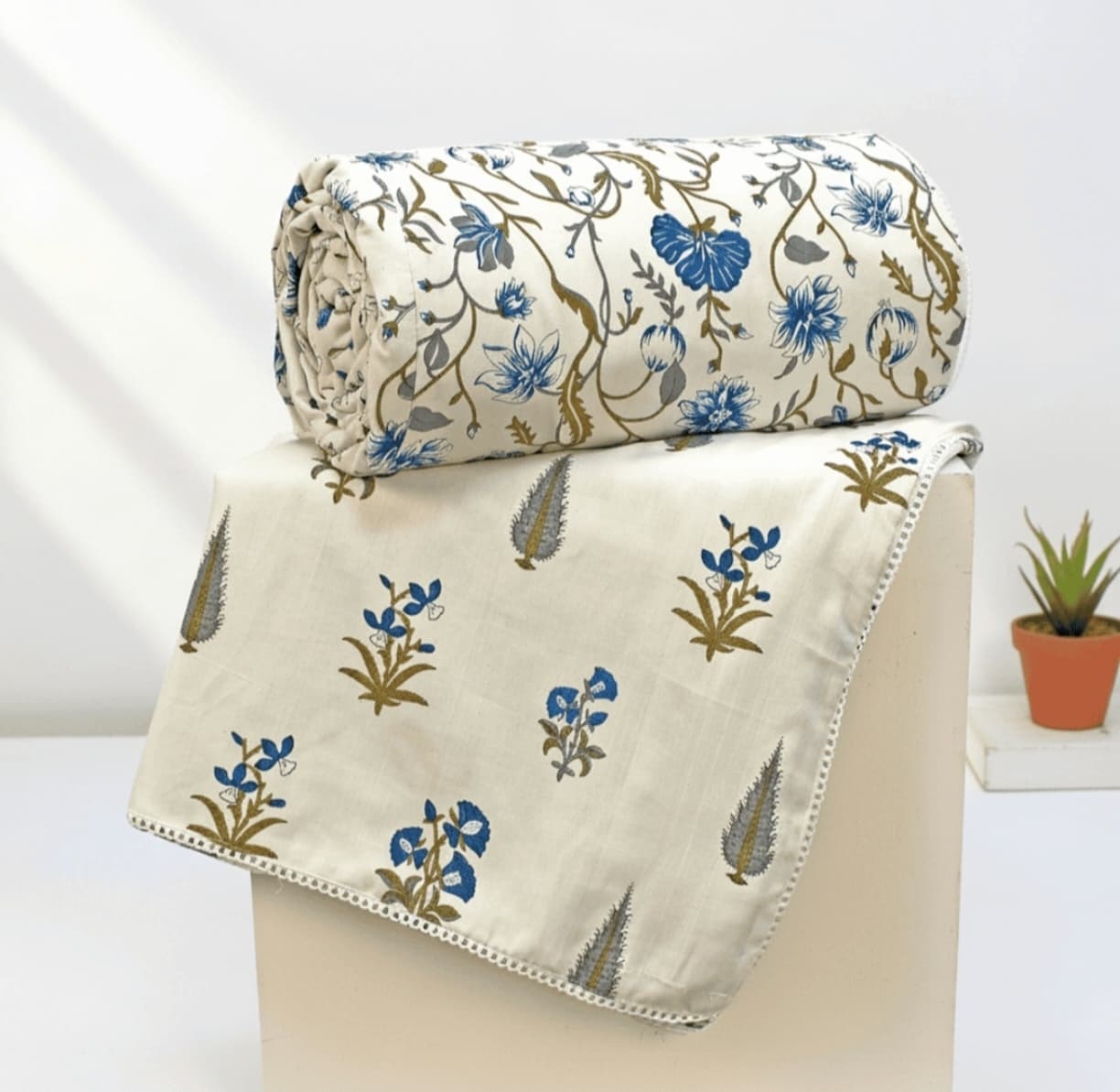 Premium Soft Summer Blanket – Blue and brown lightweight  Floral Print Blanket for Double Bed