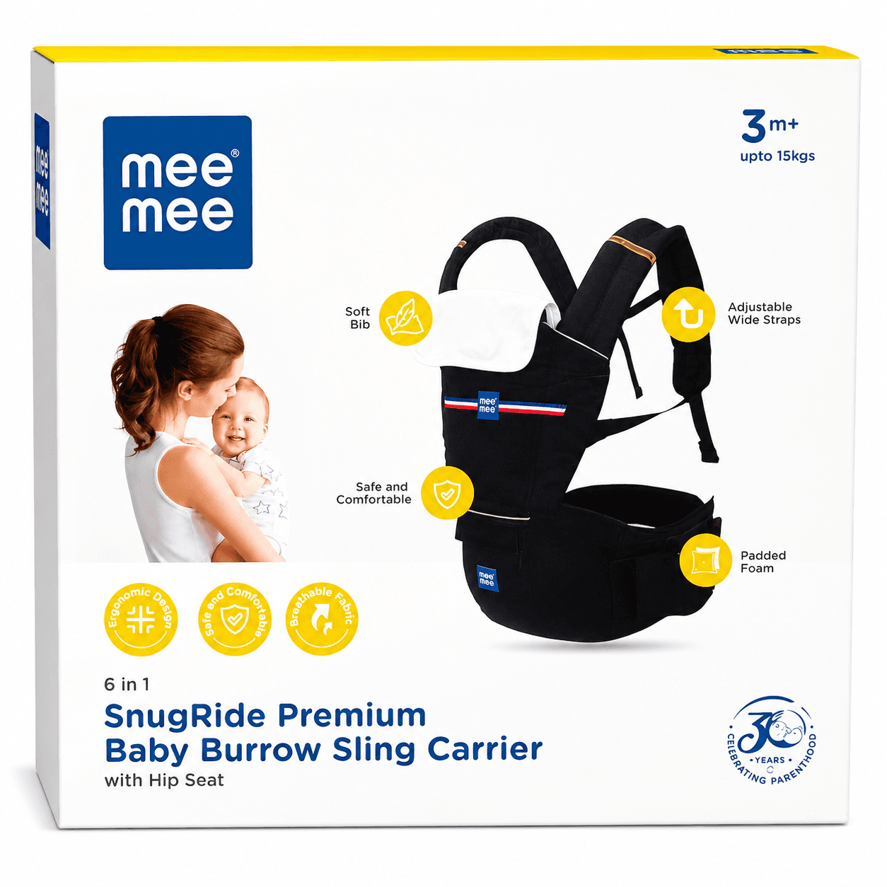 Mee Mee SnugRide Premium 6-in-1 Baby Burrow Sling Carrier with Hip Seat – Adjustable Wide Straps, Padded Support, 3M+ Up to 15kg