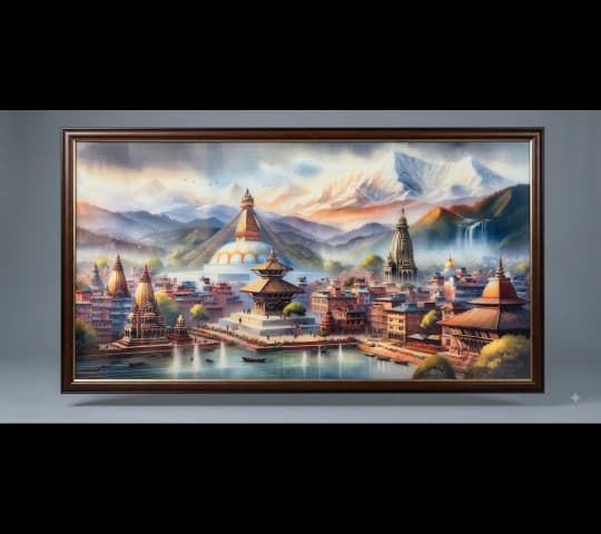 Framed Nepal Himalayan Townscape Landscape Painting