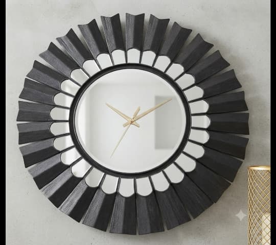 Contemporary Sunburst Wall Mirror Clock with Black Textured Frame | Modern Decorative Wall Clock