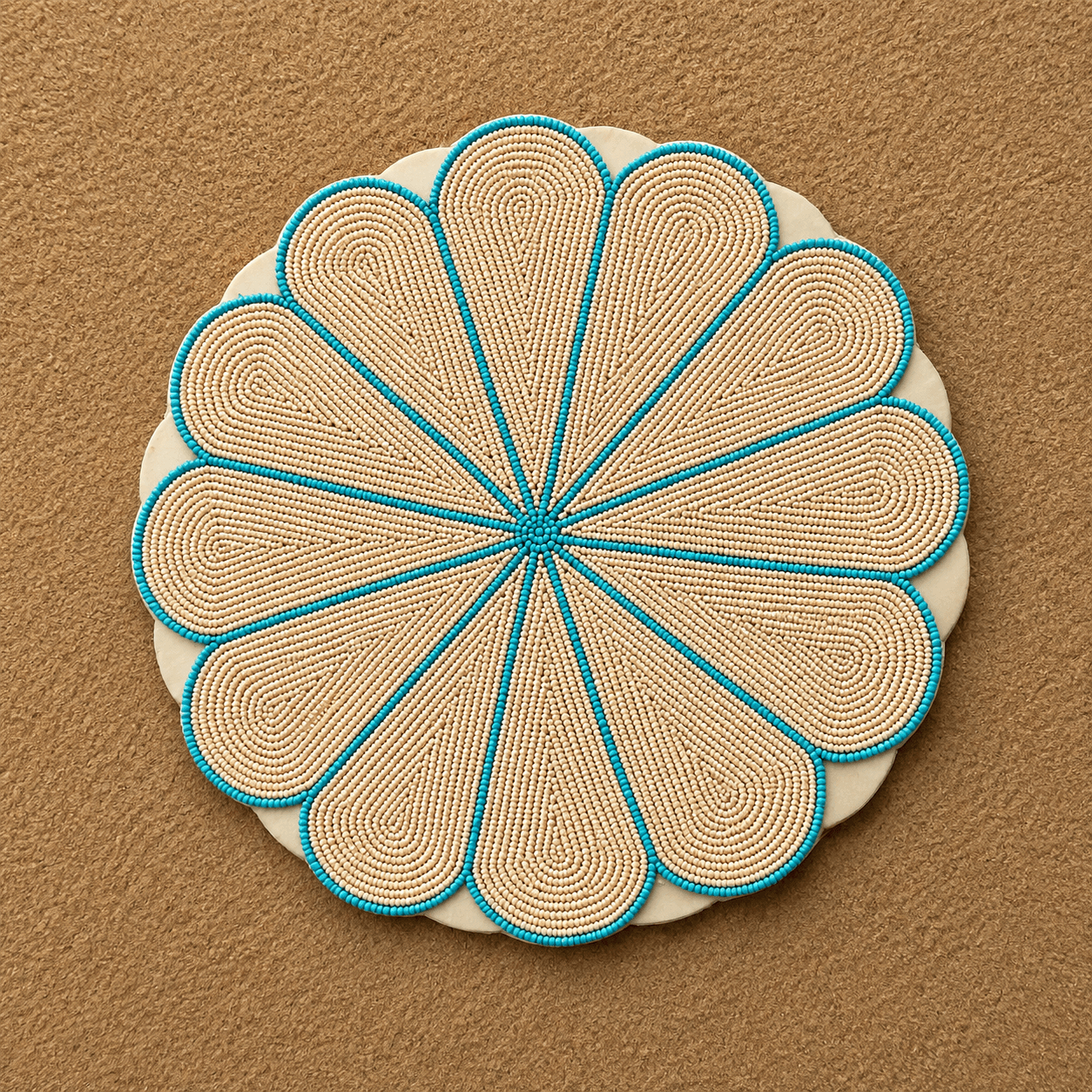Handmade Beaded Table Mats Daisy Flower Design – Brown & Blue Outline | 12–15 Inches Fully Tight Beaded