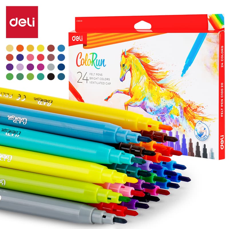 Deli EC10020 Washable Felt Pen Set – 24 Brilliant Colors | Fiber Bullet Tip Coloring Pens