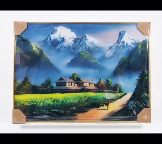 Framed Rural Village Landscape Wall Art – Misty Valley & Green Fields