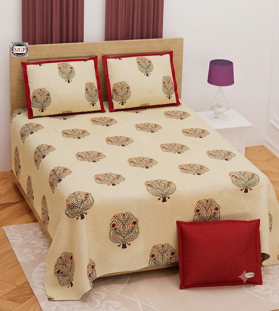 King Size Hand Work Designer Bedsheet Set 108 x 108 Inches with 2 Pillow Covers – Cream & Maroon Floral Print