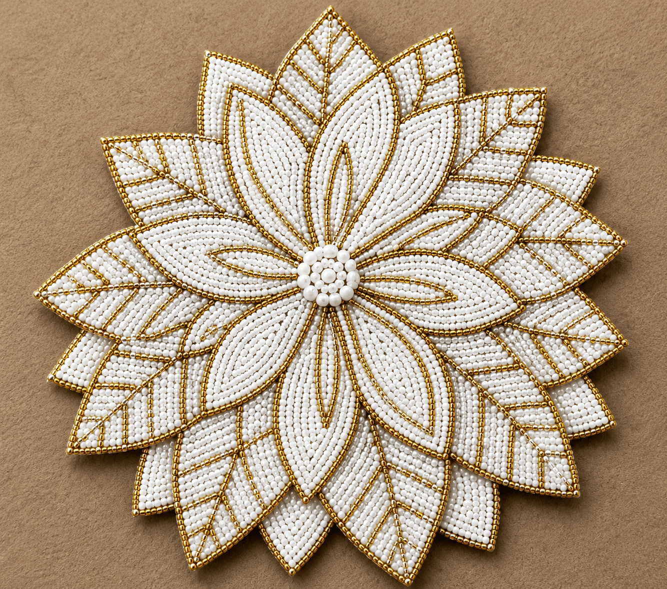 Elegant Cream Beaded Table Mats with Floral Design and Brown Outline – 12-15 Inch Fully Handcrafted Tight Bead Work