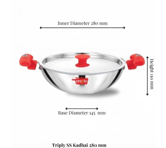 Presto Presto Triply SS Cookware Kadhai 28cm | Stainless Steel Induction Base Kadai with Lid home & kitchen — thumbnail 2 of 2