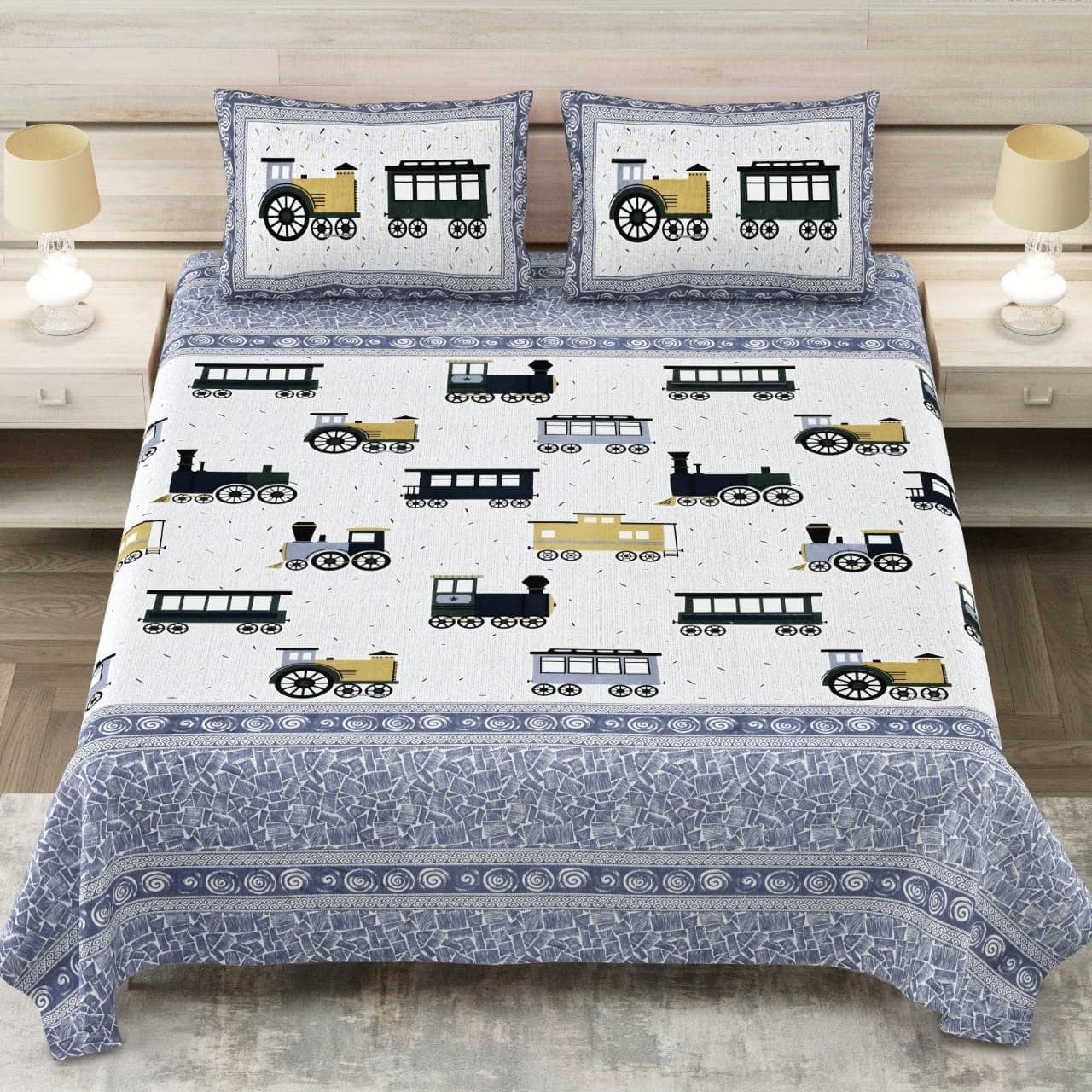 Jaipuri Bedsheet Vintage Train (Locomotive) Motif Print – 100% Cotton King Size