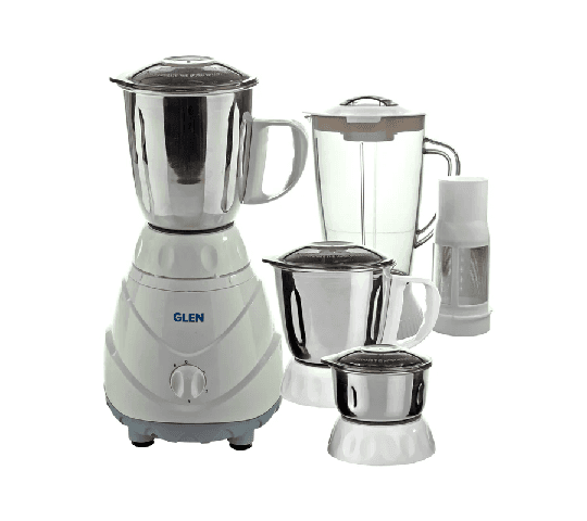GLEN Mixer Grinder 750W 100% Copper Motor with 1 Transparent Jar & 3 Stainless Steel Jars – White 4022 PLUS