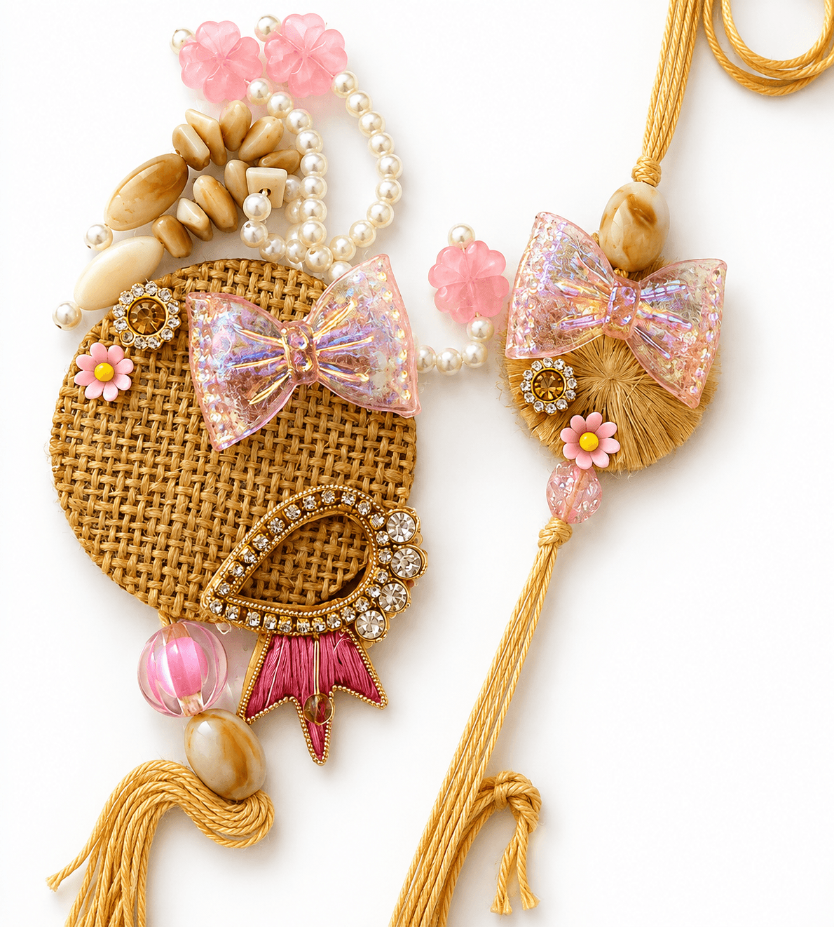 Elegant Pink & Gold Designer Rakhi with Pearl & Bow Tassel