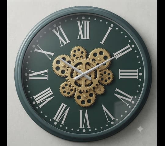 Steampunk Roman Numeral Wall Clock with Gold Gears | Vintage Industrial Decorative Wall Clock