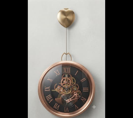 Copper and Black Skeleton Wall Clock with Heart Pendulum | Modern Metal Wall Clock