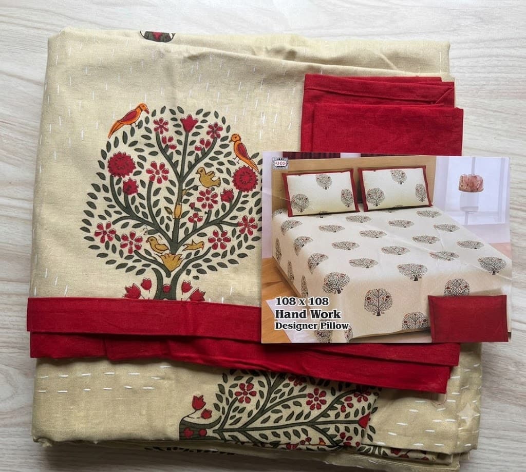 No Brand King Size Hand Work Designer Bedsheet Set 108 x 108 Inches with 2 Pillow Covers – Cream & Maroon Floral Print… — thumbnail 2 of 2