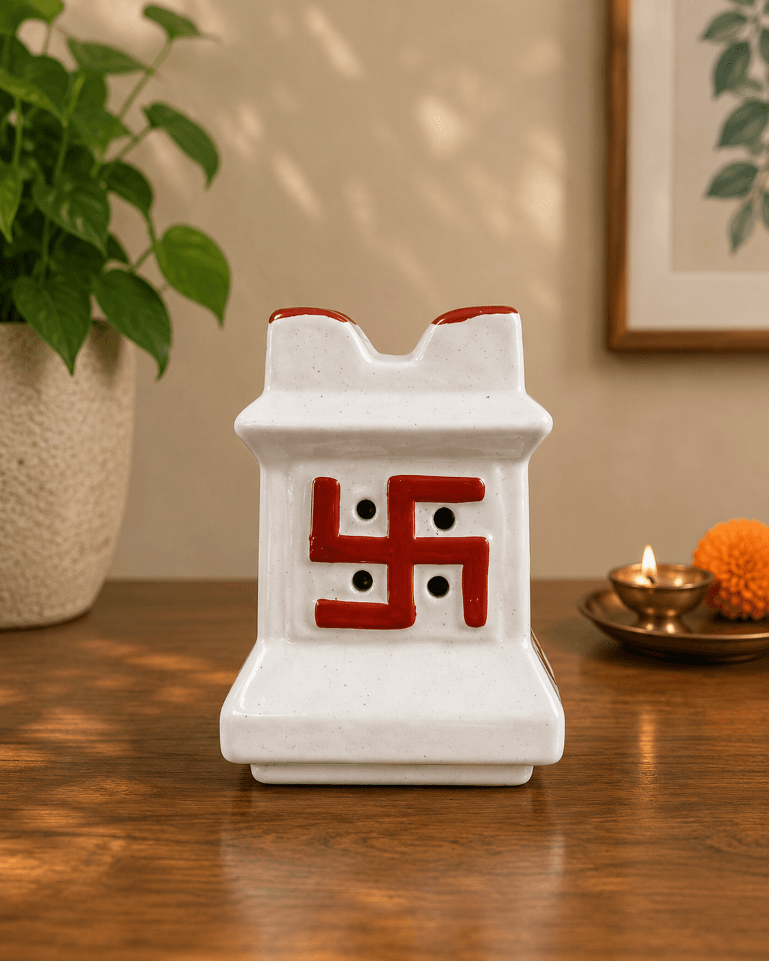 White Ceramic Square Tulsi Plant Pot – Small Decorative Planter