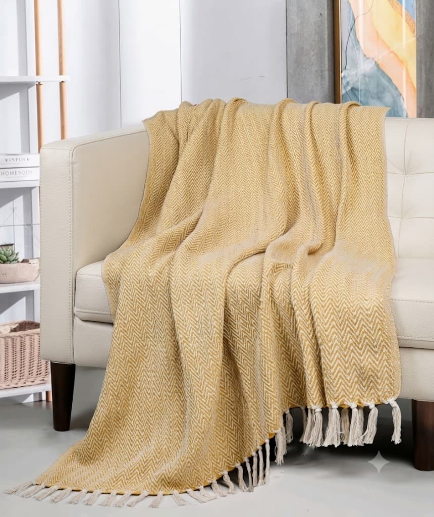 Yellow Chevron Patterned Throw Blanket with Tassels – Bright Cozy Home Decor Blanket