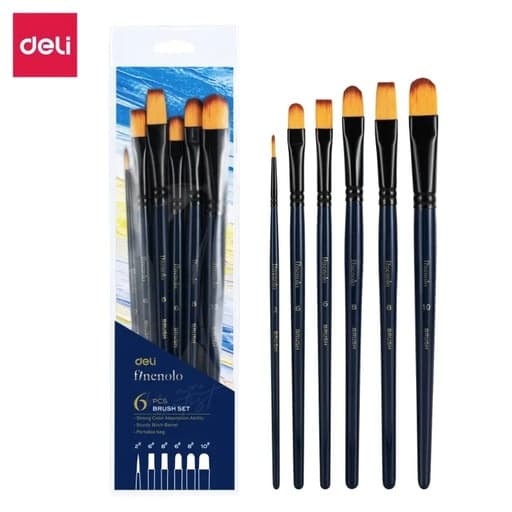 Deli EC278 Acrylic Brush Set 6 Pcs – Professional Nylon Paint Brushes for Acrylic, Watercolor & Craft Painting