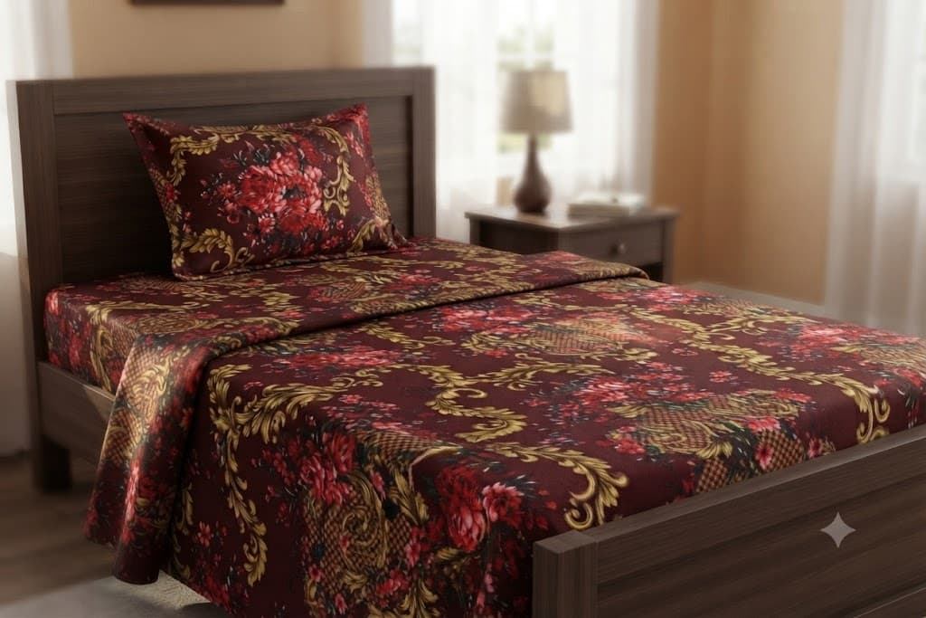 Maroon Floral and Damask Print Single Bedsheet with Matching Pillowcase