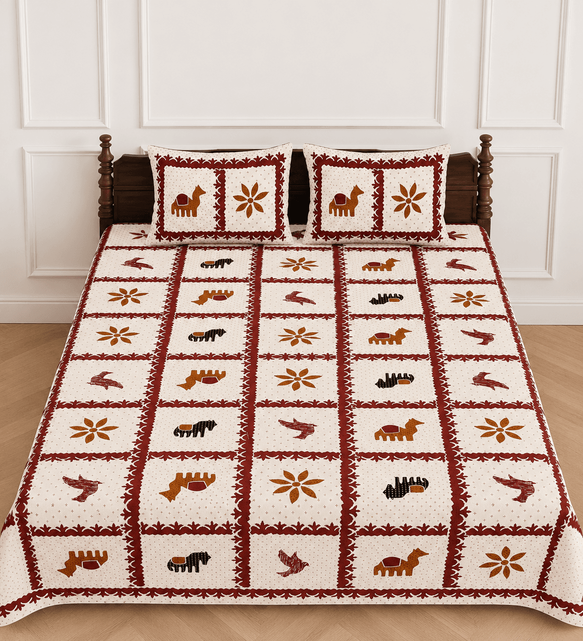 Jaipuri Bedsheet Rajasthani / Barmer-Inspired Folk Art Animal Grid Print – 100% Cotton King Size