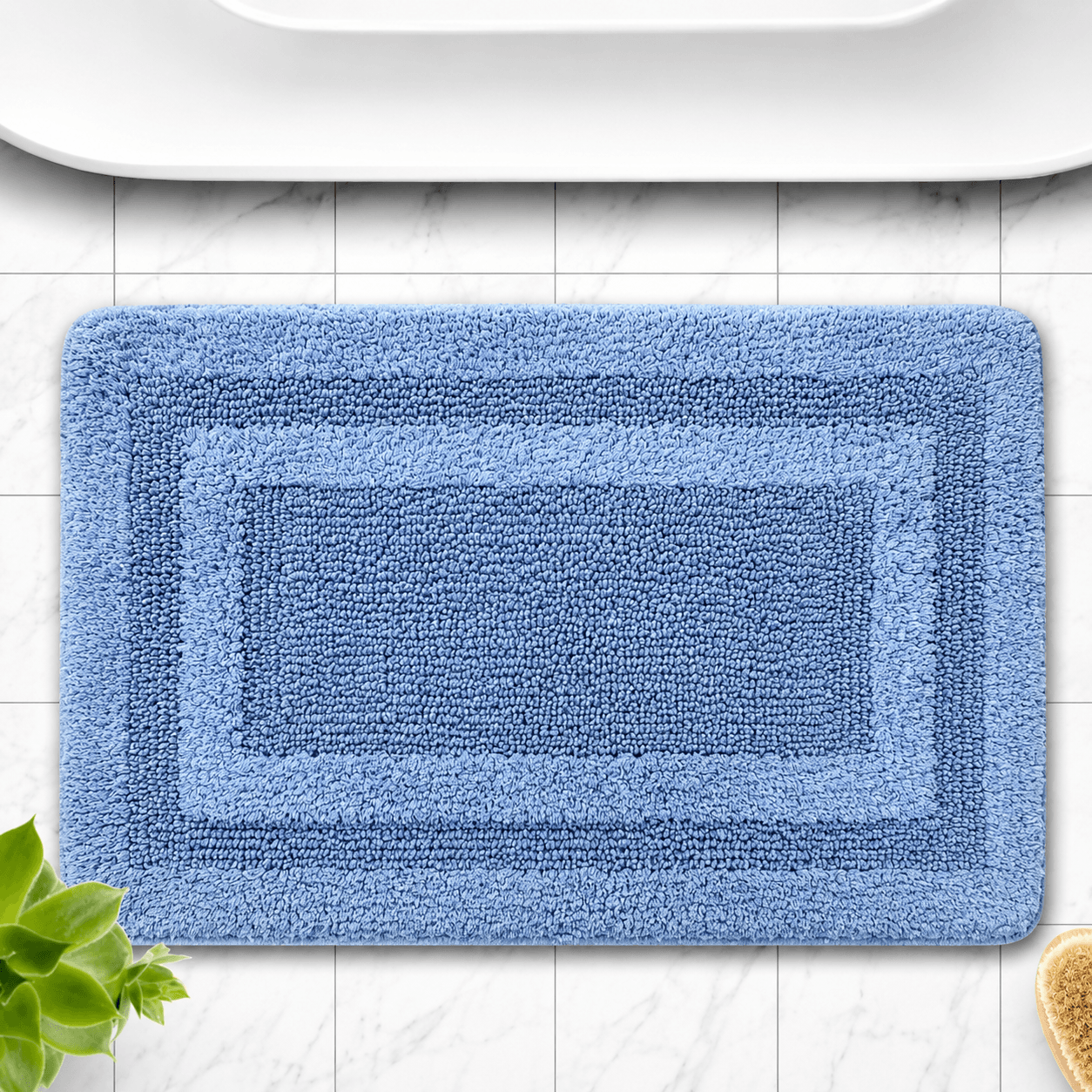 Plush Textured Blue Bath Mat with Border Detail