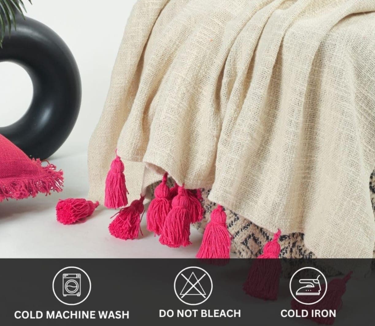 100% Cotton Throw Blanket with Multicolor Tassels – Soft Decorative Sofa, Bed & Couch Blanket (Pink)