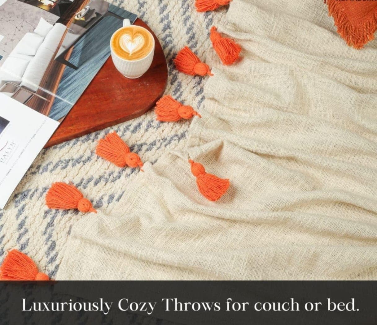 100% Cotton Throw Blanket with Multicolor Tassels – Soft Decorative Sofa, Bed & Couch Blanket (Orange)